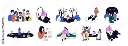 Loneliness, psychology concept set. Lonely people in solitude. Single introvert character, solitary, sad outcast alone, feeling sadness. Flat graphic vector illustrations isolated on white background