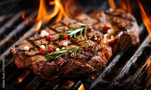 Grilled steak on barbecue grill. Closeup view. Outside BBQ party.