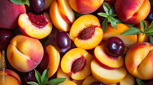Peaches and berries icon. Fruit, apricot, stone, juice, tree, nectarine, orange, delicious, summer, sweet, fruit, juicy, food. Generated by AI photo