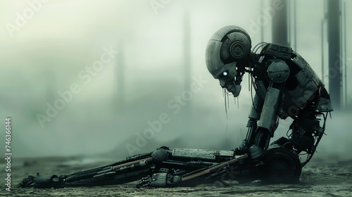 Dream like solitude captured through the simple carcass of a robot surrounded by unimaginable technology in full HD photo