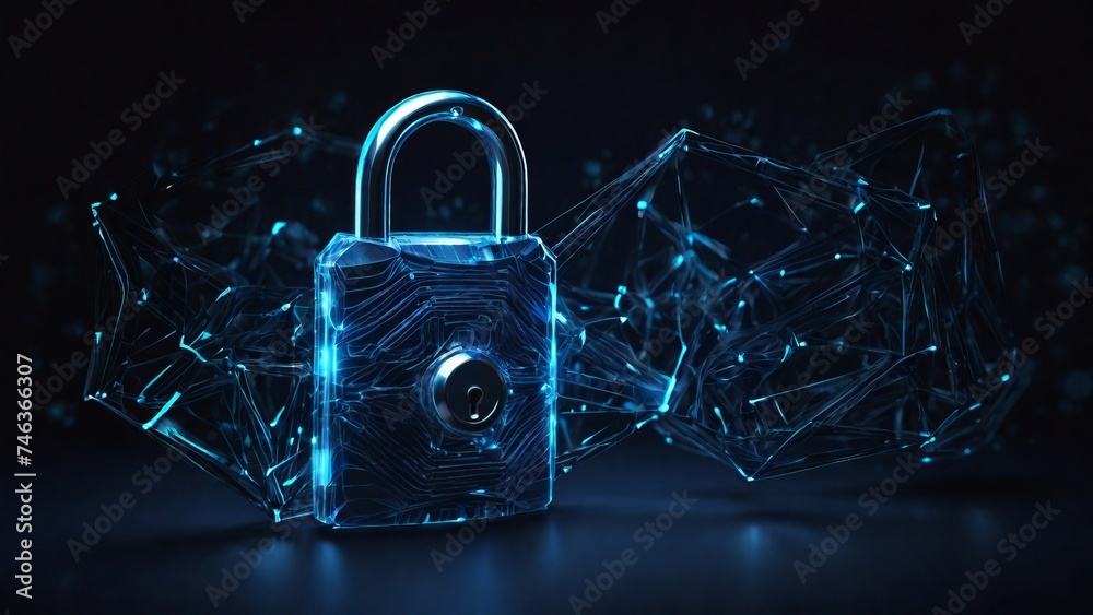 Futuristic 3d security lock made of linear polygons with neon lights on dark blue background. Modern business It, online, cyber safety and protect concept. - obrazy, fototapety, plakaty 