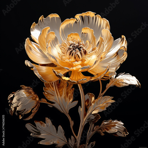 Artificial pearlescent peony with openwork leaves. Different shades and colors, shine and detail of the object, photo on black background with copyright.