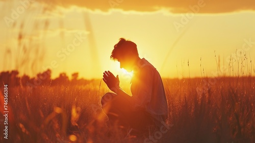 A silhouette of man praying in a meadow at sunset