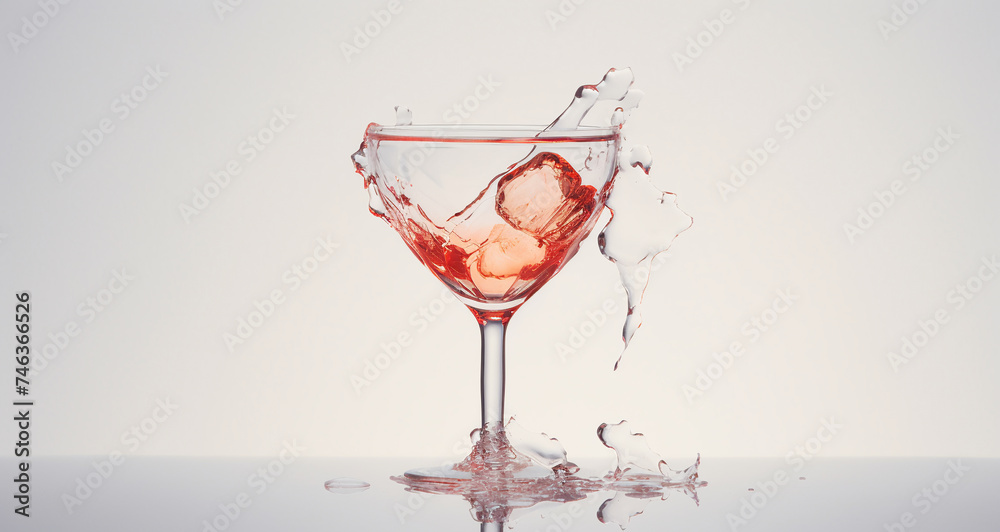 A glass with a heart and a drink, dynamic splashes. Different shapes. Neutral background of place for advertising.