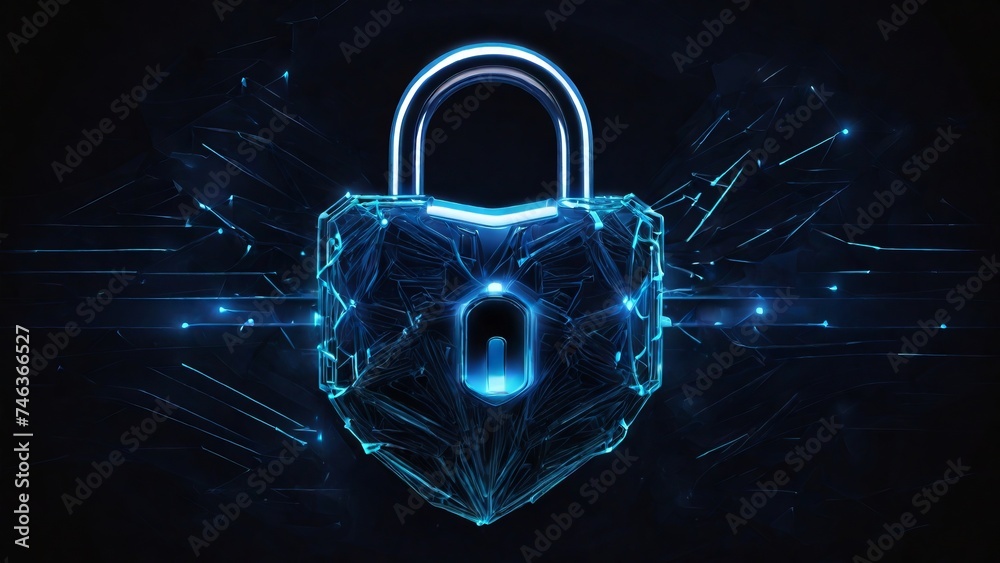 Futuristic 3d security lock made of linear polygons with neon lights on dark blue background. Modern business It, online, cyber safety and protect concept. - obrazy, fototapety, plakaty 