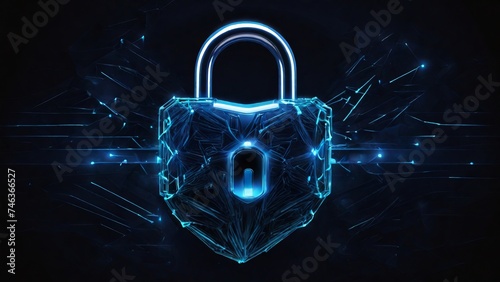 Futuristic 3d security lock made of linear polygons with neon lights on dark blue background. Modern business It, online, cyber safety and protect concept.