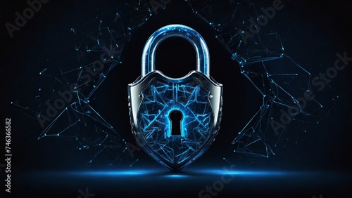Futuristic 3d security lock made of linear polygons with neon lights on dark blue background. Modern business It, online, cyber safety and protect concept.