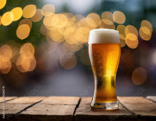 Glass of beer on wooden table top in pub or bar with bokeh background. copy space for your text or logo