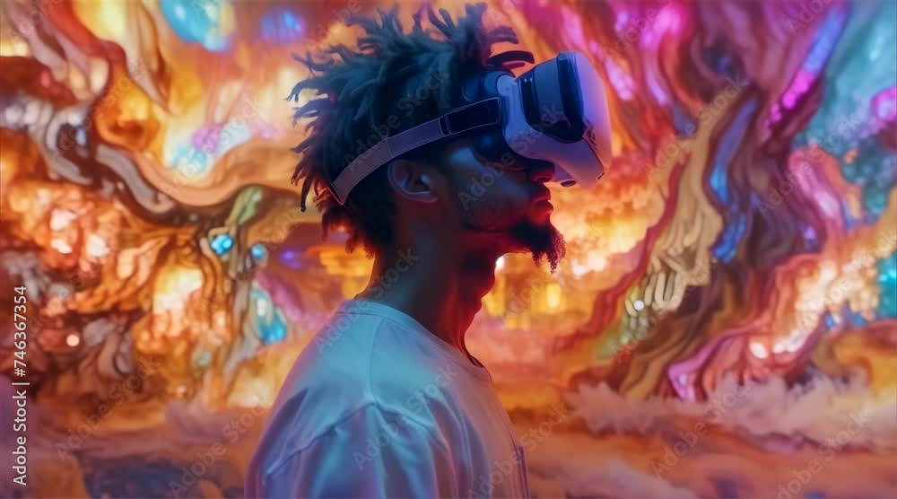 A boy wearing VR headset user, surreal world and virtual reality, colorful flowers fields. Generative AI A boy wearing VR headset user, surreal world and virtual reality, colorful flowers fields. Generative AI