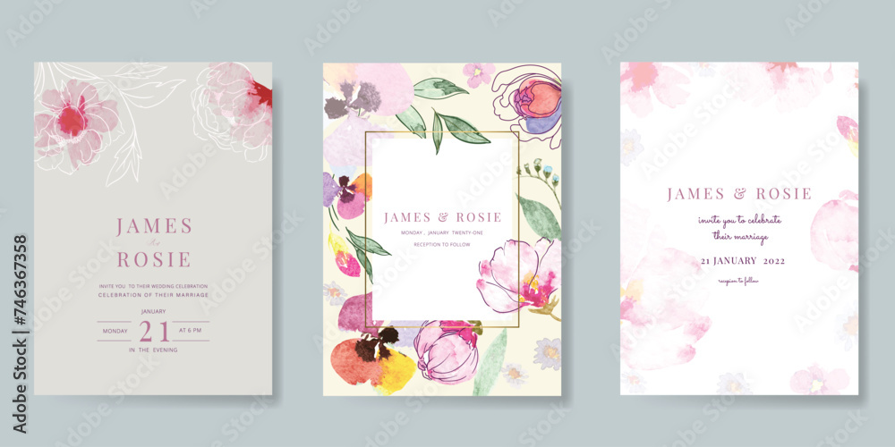 Pink Summer Flower Wedding Invitation set, floral invite thank you, rsvp modern card Design with cute watercolor flower decoration