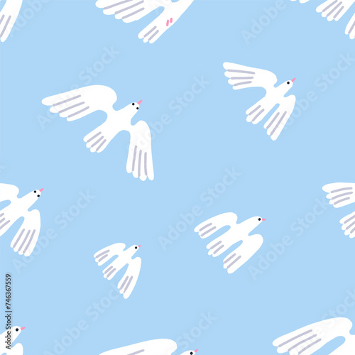 Birds in sky, seamless pattern. Dove flock flying, endless background, textur...