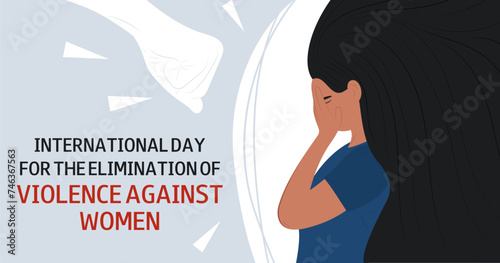 International Day for the Elimination of Violence Against Women. Upset girl or woman covered her face. Stop the violence. Mental health concept.