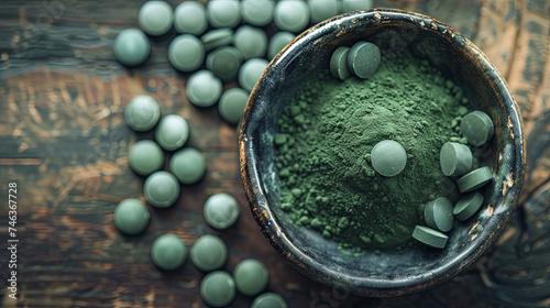 Fresh spirulina powder and drugs from it on wooden background, superfood concept © Kateryna Kordubailo