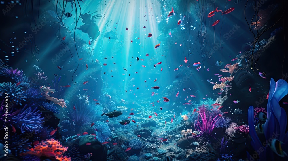 Naklejka premium Abstract underwater landscape icon. Glowing, marine biology, deep sea magic, nocturnal creatures, surreal beauty, underwater photography. Generated by AI