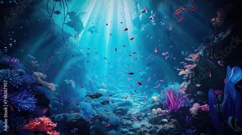 Abstract underwater landscape icon. Glowing, marine biology, deep sea magic, nocturnal creatures, surreal beauty, underwater photography. Generated by AI