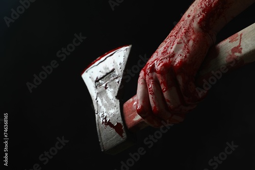 Man holding bloody axe on black background, closeup. Space for text © New Africa