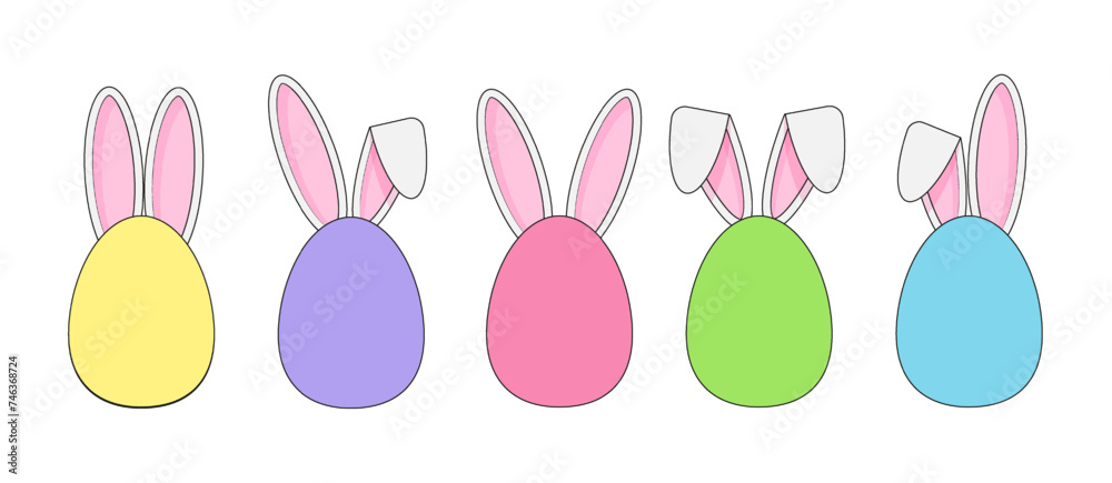 Colorful Easter eggs with bunny ears. Cute Easter sticker set. Vector  illustration in cartoon flat style isolated on a white background.	
