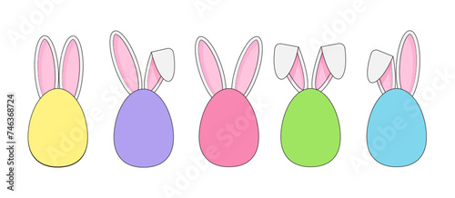 Colorful Easter eggs with bunny ears. Cute Easter sticker set. Vector illustration in cartoon flat style isolated on a white background. 