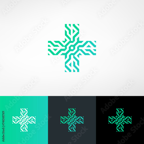 Medical cross sign with techy and unique abstract lines. With the core point of robot brain and artificial intelligence. A suitable logo for a medical technology company.