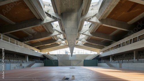 Brutalist sports arena with massive concrete roof. Architectural wonder, modernist design, sporting venue, urban landscape, brutalism, industrial, monumental. Generated by AI.