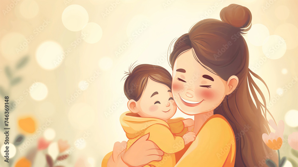 A cartoon illustration,beautiful mother and her smiling child, radiating happiness and warmth. Mother's Day concept. Generative Ai Illustration. A cartoon illustration,beautiful mother and her smiling child, radiating happiness and warmth. Mother's Day concept. Generative Ai Illustration.