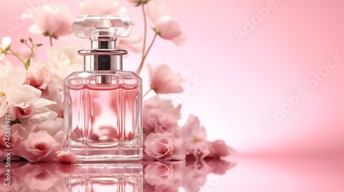 Elegant Perfume Bottle Amidst Blossoming Flowers