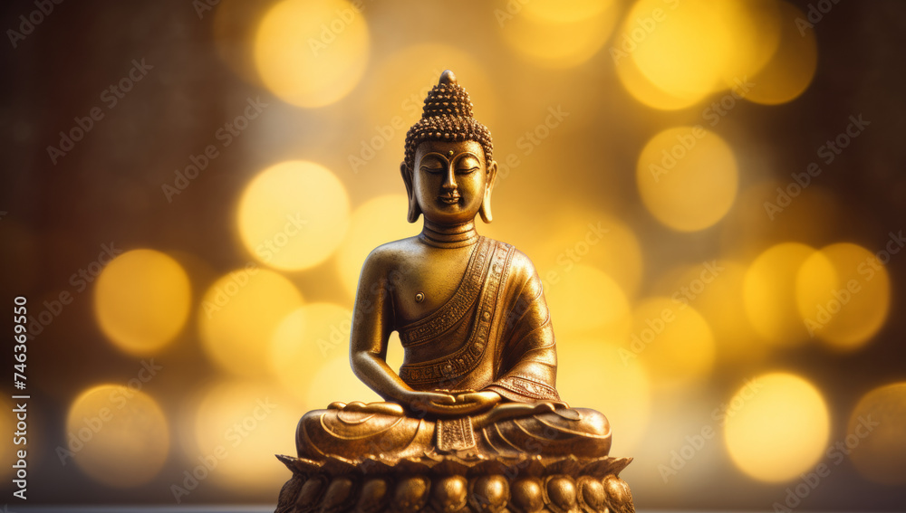 A serene Buddha statue aglow with warm bokeh lights creates a peaceful ambiance. A serene Buddha statue aglow with warm bokeh lights creates a peaceful ambiance.