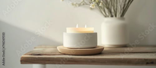 Unbranded ceramic candle with home fragrances for relaxation and calm, featuring a floral scent on a wooden rack, viewed from the top. © Emin