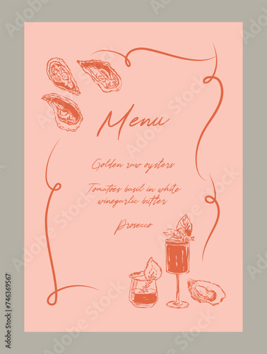 Elegant anniversary dinner menu template. Matisse style food and beverage illustrations.