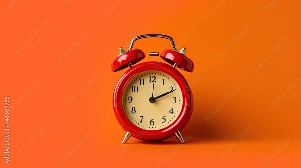 Vibrant Red Alarm Clock on Orange Background Vibrant Red Alarm Clock on Orange Background