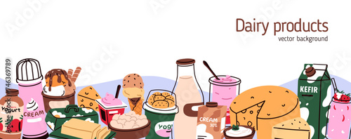 Dairy products banner. Milk, cheese, yogurt, butter, icecream, food store bac...