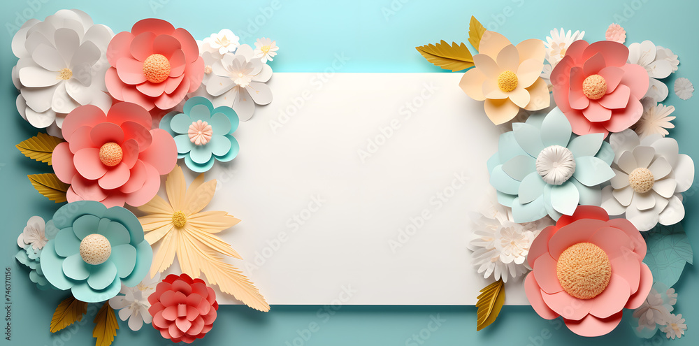 Framework for photo or congratulation with paper blossom and flowers. Woman's day, 8 march, Easter, Mother's day, anniversary greeting card Framework for photo or congratulation with paper blossom and flowers. Woman's day, 8 march, Easter, Mother's day, anniversary greeting card