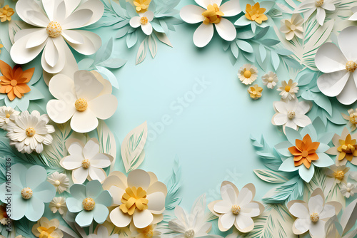 Framework for photo or congratulation with paper blossom and flowers. Woman's day, 8 march, Easter, Mother's day, anniversary greeting card © Oksana