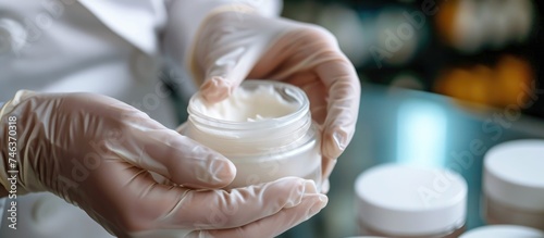 Manufacturing and packaging beauty products. Image of worker filling a plastic jar with white cream. Related to skincare and cosmetology. © Emin
