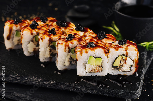 California Sushi roll with tuna, vegetables and unagi sauce