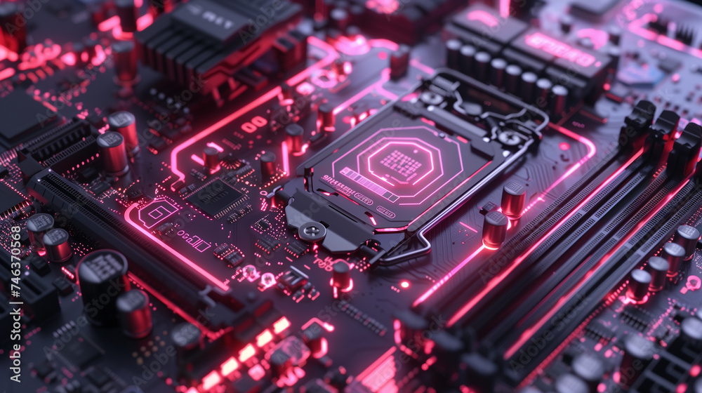 computer processor or motherboard, futuristic technology background wallpaper, digital data network protection or cyber security concept