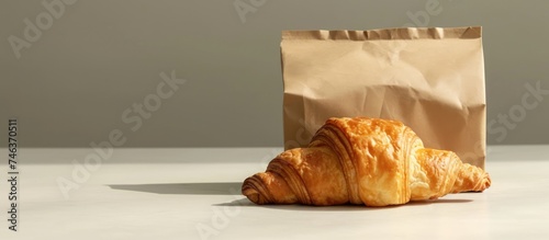 Takeaway food mockup, paper bag resembling a croissant. Brown envelope paper with space for text. © Emin