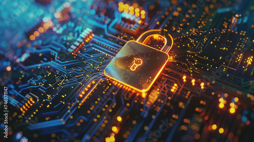 Conceptual image of a padlock on a vibrant circuit board, symbolizing cybersecurity.