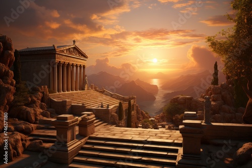 panorama of an ancient Greek rock temple, where twilight casts its enchanting glow upon the Doric column ruins, evoking a sense of timeless majesty.
