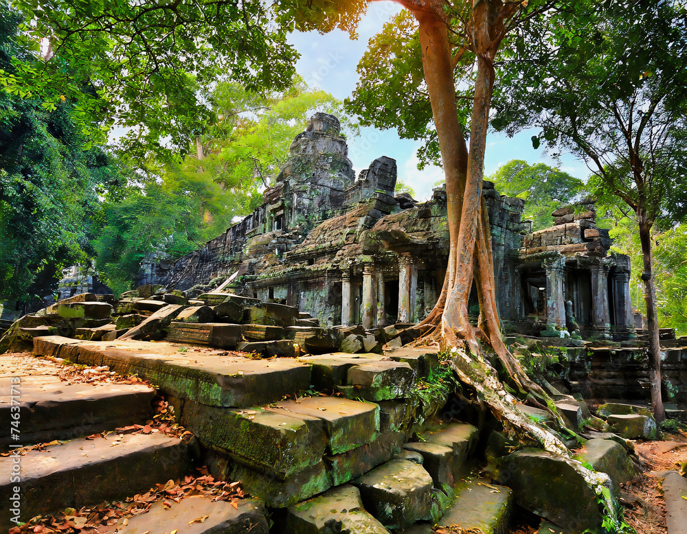 Mysterious ruins of Beng Mealea temple in Cambodia with sun rays Mysterious ruins of Beng Mealea temple in Cambodia with sun rays
