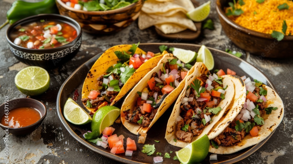 Fresh Homemade Beef Tacos with Lime, Salsa, Cilantro, and Cheese on Dark Rustic Background, Traditional Mexican Cuisine Concept