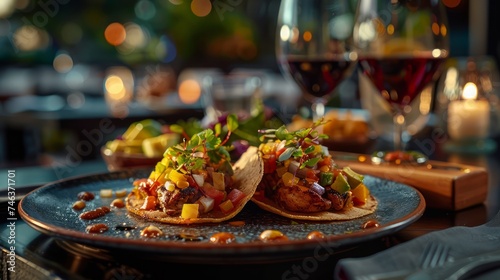 Gourmet Tacos with Fresh Vegetables, Grilled Meat, and Flavorful Sauce on Elegant Dining Table with Wine