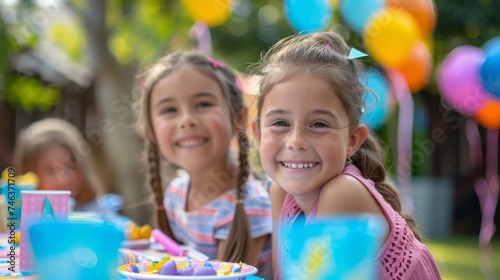Smiling Children Enjoying Outdoor Birthday Party with Colorful Balloons and Decorations