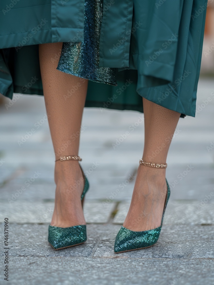 Elegant Green Glitter High Heeled Shoes And Fashionable Tights Worn By A Woman On Urban Pavement