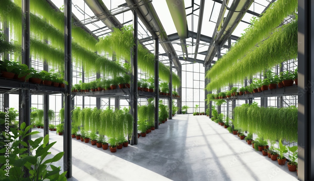 A building with a glass facade filled with potted plants creates a symmetrical landscape. The terrestrial plants inside the greenhouse give a lively touch to the interior A building with a glass facade filled with potted plants creates a symmetrical landscape. The terrestrial plants inside the greenhouse give a lively touch to the interior