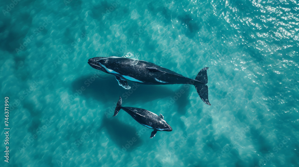 cinematic photo of a whale with her young whale, whale swimming unter water, turkise water color cinematic photo of a whale with her young whale, whale swimming unter water, turkise water color