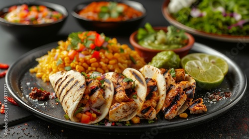 Grilled Chicken Breast with Mexican Corn Salsa and Vegetable Side Dishes on Dark Table Background