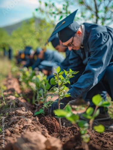 Graduation Students in Caps and Gowns Planting Trees as Environment Conservation Activity