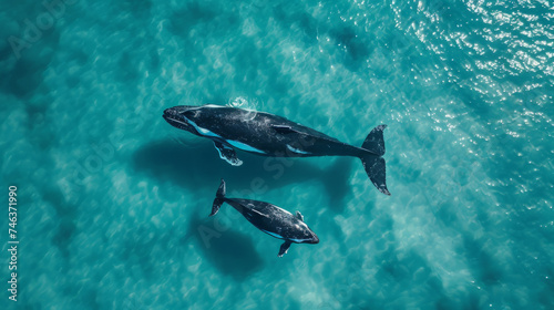 cinematic photo of a whale with her young whale, whale swimming unter water, turkise water color © Christian