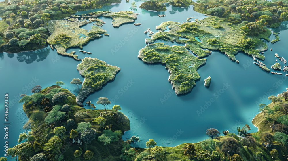 A lake in the shape of the world continents in the middle of nature. topview photography.